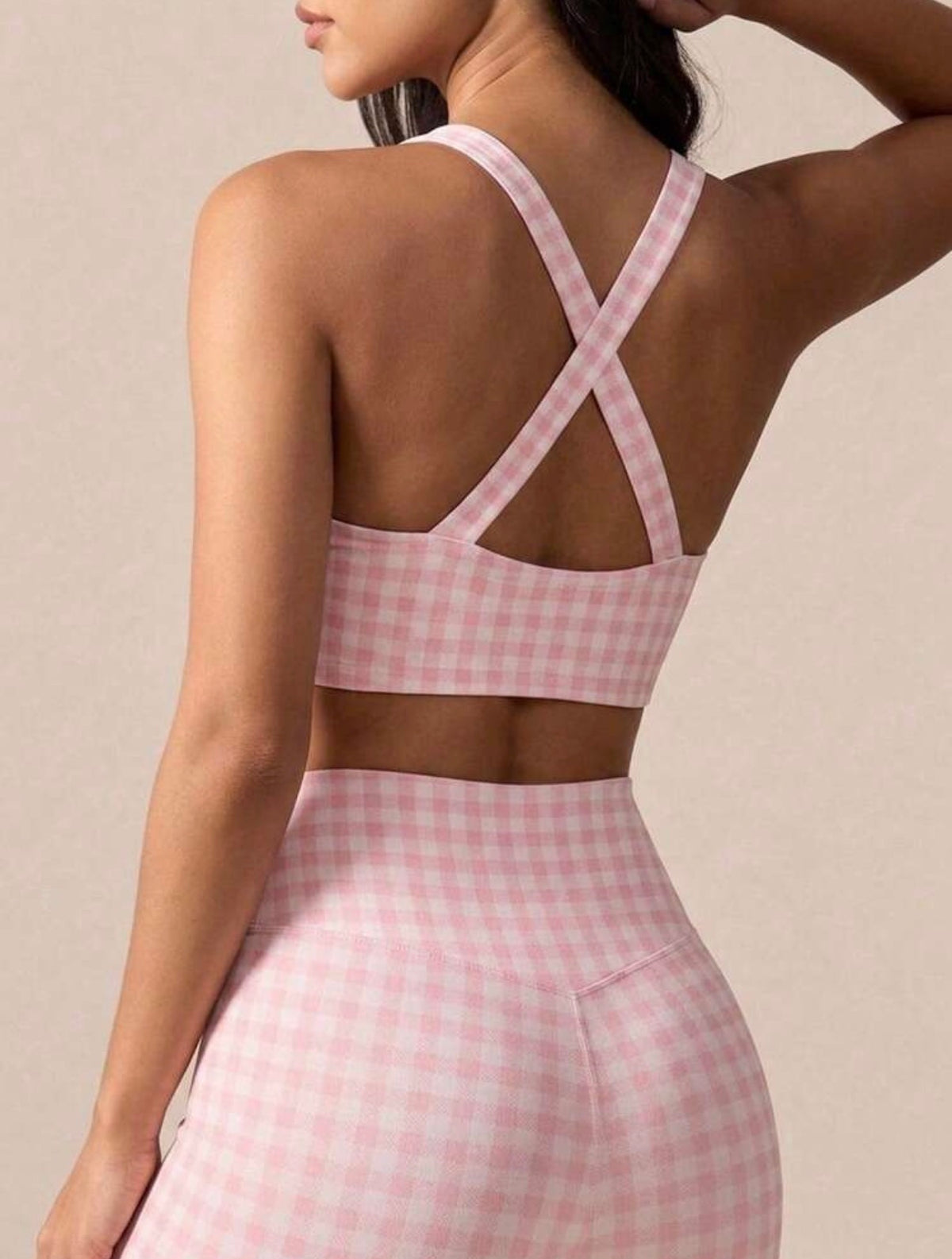 Pink Plaid Set sports bra crisscross back detail