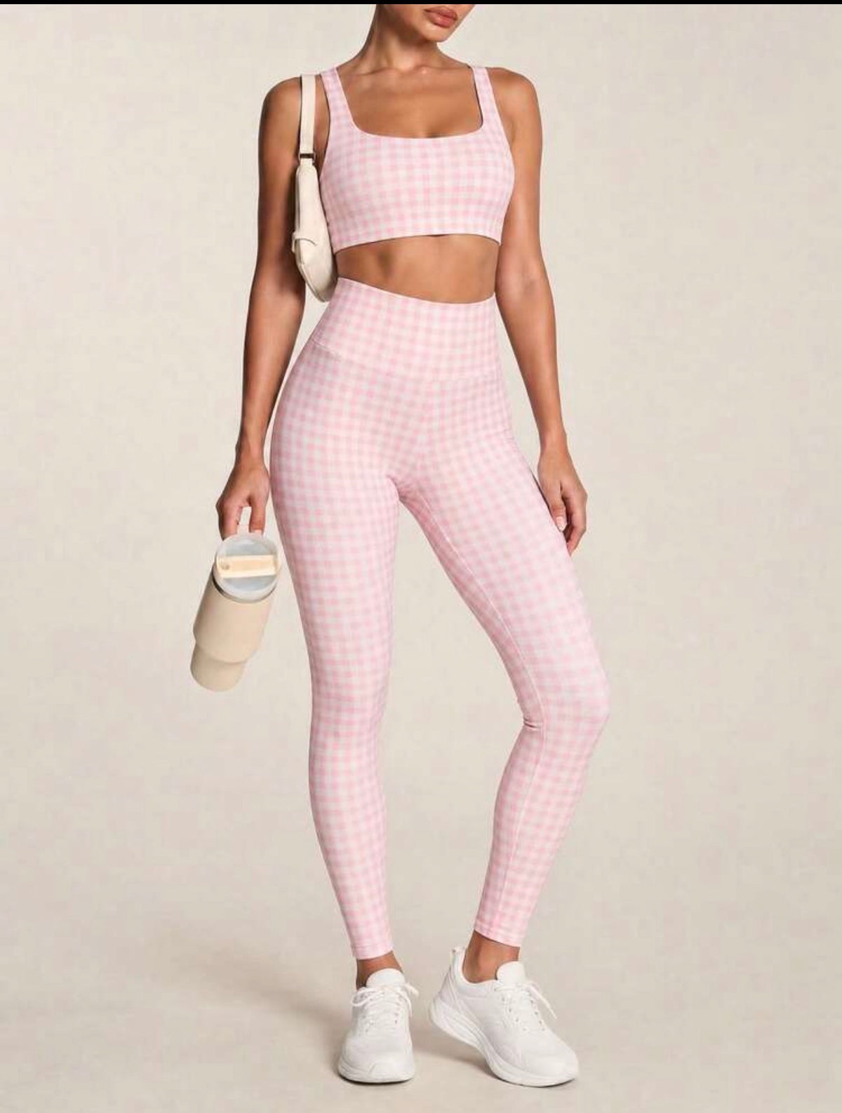 Pink Plaid Set front view, styled
